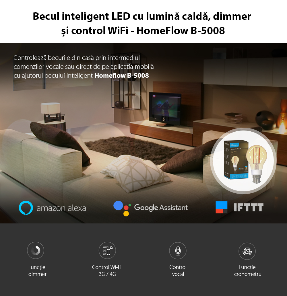 Lampadina LED Intelligente Wireless Homeflow B-5008, B22, 5.5W (equivalente a 40W), 500lm, dimmerabile, a filamento, luce calda, Controllo tramite smartphone