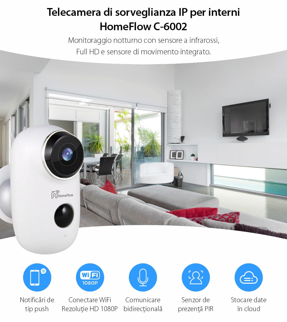 Telecamera di sorveglianza intelligente Wireless Homeflow C-6002, Comunicazione bidirezionale, Rilevamento movimento