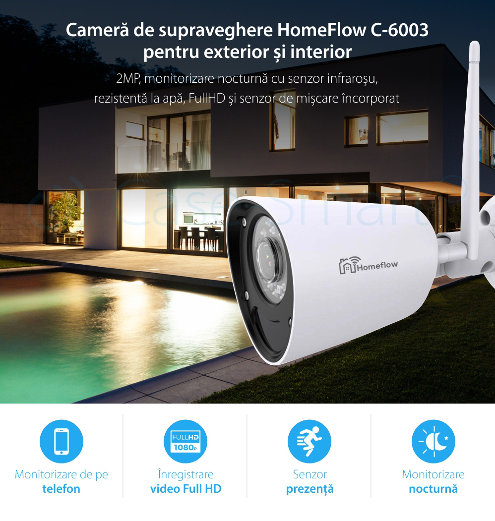 Telecamera di sorveglianza wireless Homeflow C-6003, per esterni, rilevamento del movimento, visione notturna, controllo tramite smartphone