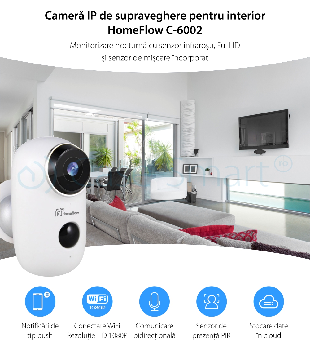 Telecamera di sorveglianza intelligente Wireless Homeflow C-6002, Comunicazione bidirezionale, Rilevamento movimento