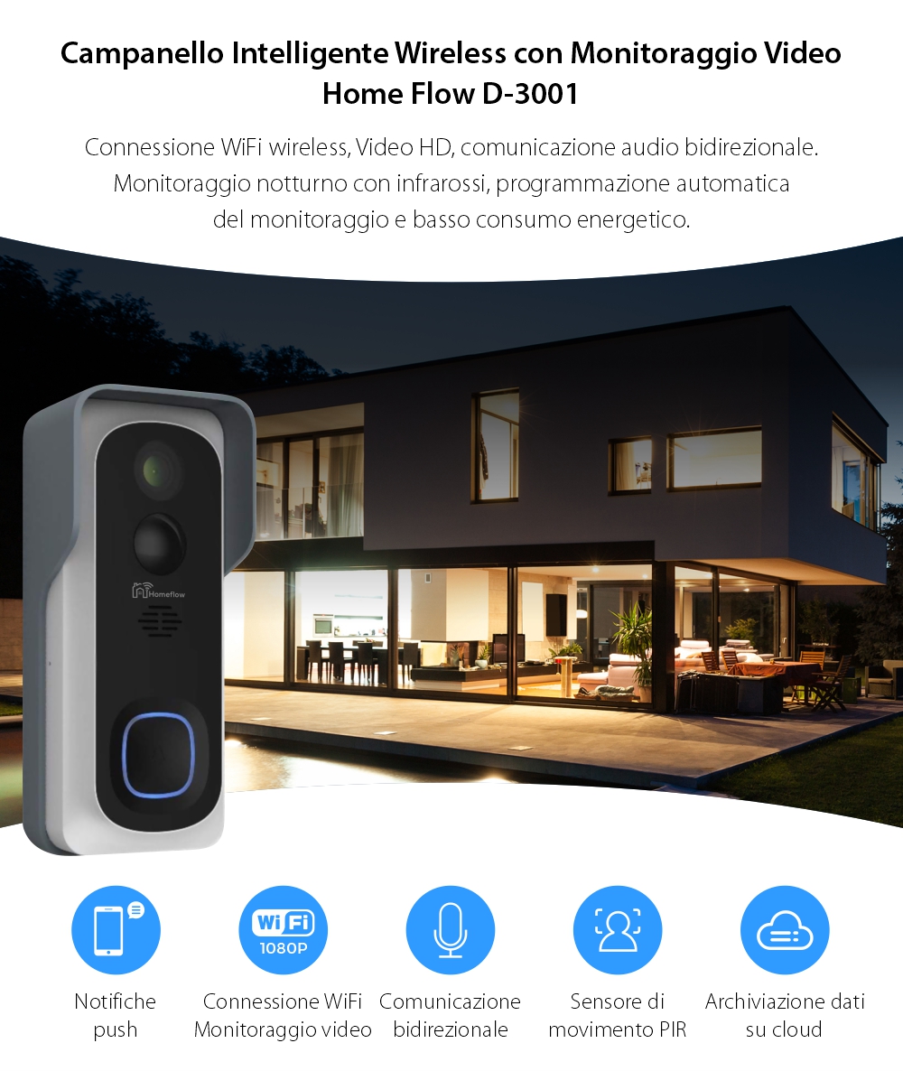 Campanello intelligente wireless con monitoraggio video Homeflow D-3001, Comunicazione bidirezionale, Rilevamento del movimento, Notifiche, Modulo campanello interno incluso