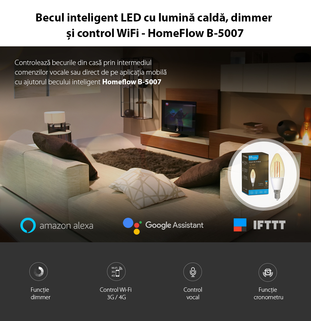 Lampadina LED Intelligente Wireless Homeflow B-5007, E14, 4.5W (equivalente a 25W), 400lm, dimmerabile, a filamento, luce calda, Controllo tramite smartphone