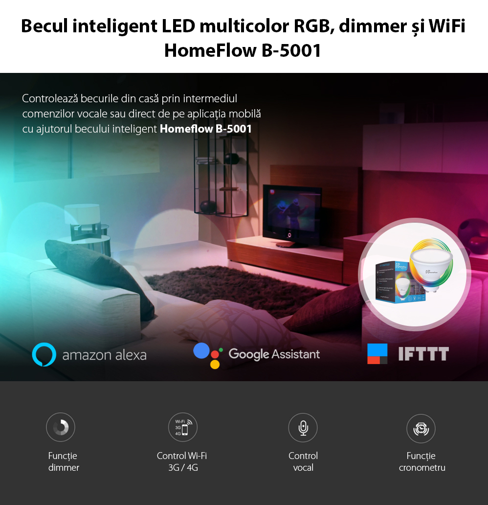 Lampadina LED Intelligente Wireless Homeflow B-5001, GU10, 5W (equivalente a 35W), 300lm, RGB, dimmerabile, Controllo tramite smartphone