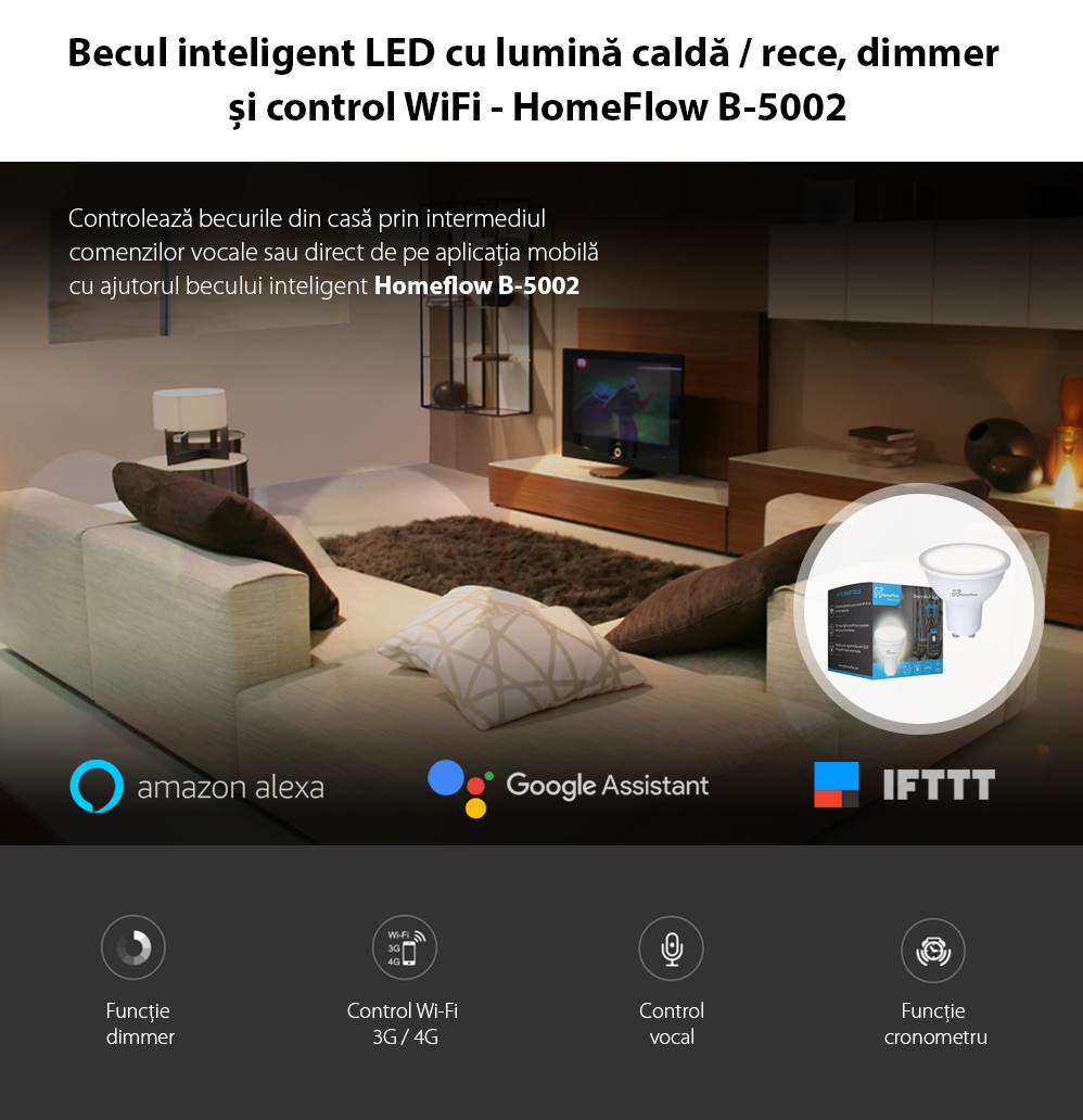 Lampadina LED Intelligente Wireless Homeflow B-5002, GU10, 5W (equivalente a 35W), 300lm, dimmerabile, luce calda/ fredda, Controllo tramite smartphone