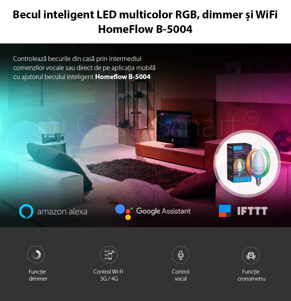 Lampadina LED Intelligente Wireless Homeflow B-5004, E14, 5W (equivalente a 40W), 400lm, Dimmerabile, RGB, Controllo tramite smartphone