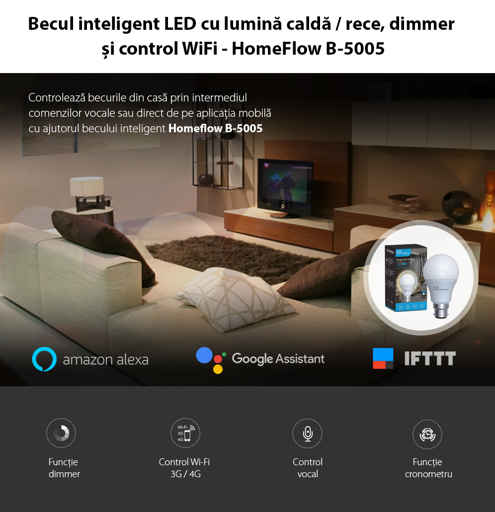 Lampadina LED Intelligente Wireless Homeflow B-5005, B22, 9W (equivalente a 60W), 806lm, dimmerabile, luce calda/fredda, Controllo tramite smartphone.