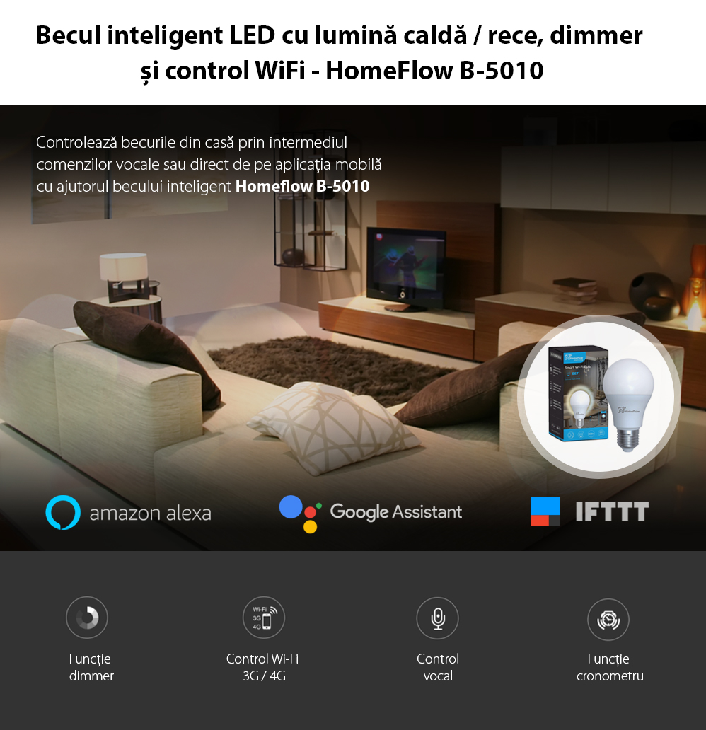 Lampadina LED Intelligente Wireless Homeflow B-5010, E27, 9W (equivalente a 25W), 806lm, dimmerabile, luce calda/fredda, Controllo tramite smartphone