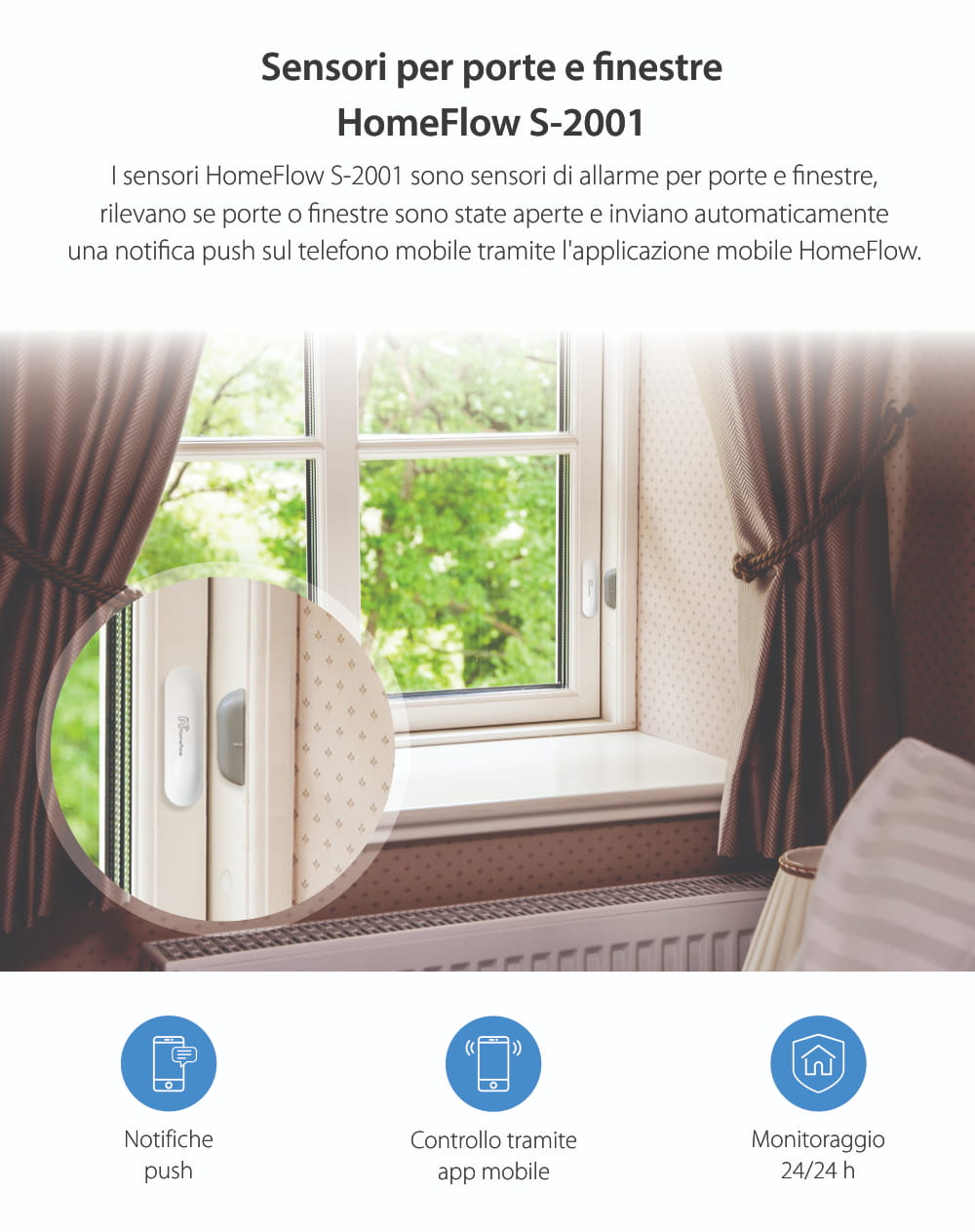 Sensore di contatto per porte e finestre Wireless Homeflow S-2001, Compatibile con Google Assistant e Amazon Alexa