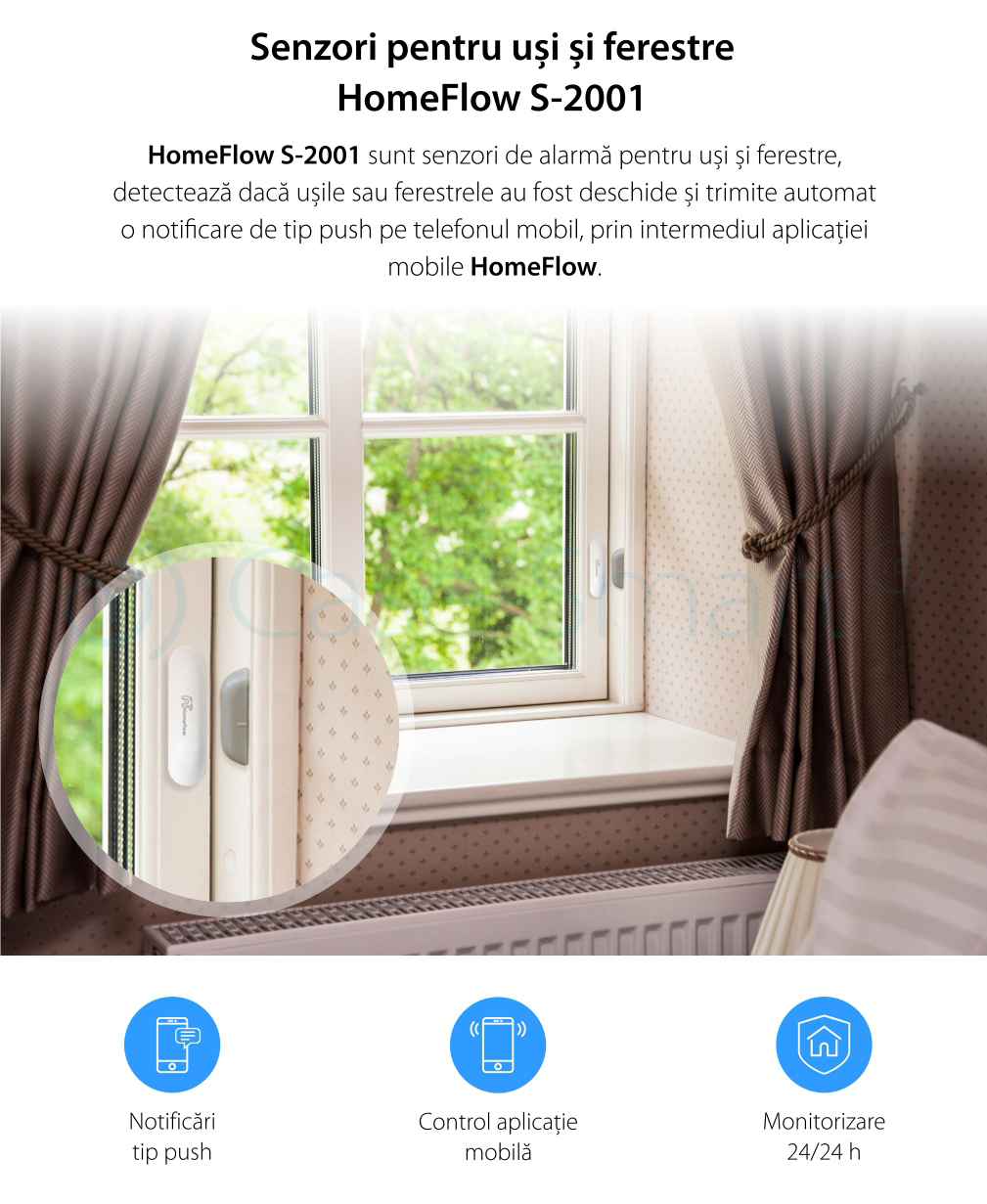 Sensore di contatto per porte e finestre Wireless Homeflow S-2001, Compatibile con Google Assistant e Amazon Alexa