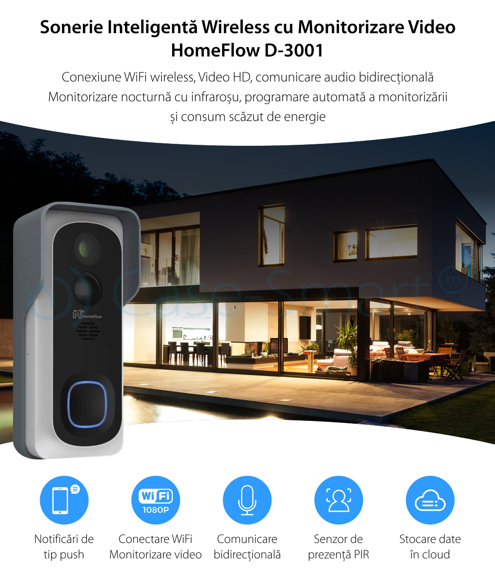 Campanello intelligente wireless con monitoraggio video Homeflow D-3001, Comunicazione bidirezionale, Rilevamento del movimento, Notifiche, Modulo campanello interno incluso