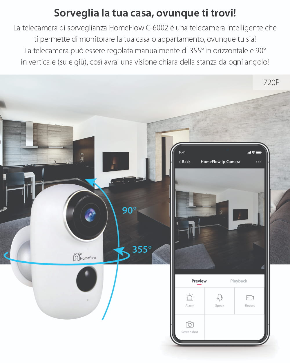 Telecamera di sorveglianza intelligente Wireless Homeflow C-6002, Comunicazione bidirezionale, Rilevamento movimento