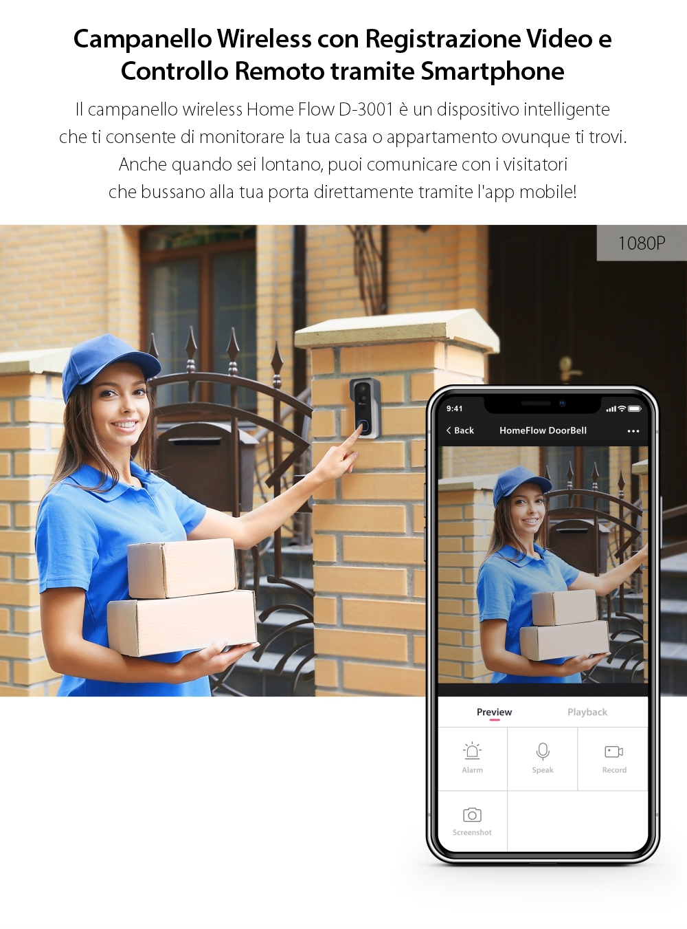 Campanello intelligente wireless con monitoraggio video Homeflow D-3001, Comunicazione bidirezionale, Rilevamento del movimento, Notifiche, Modulo campanello interno incluso