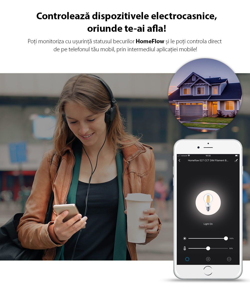 Lampadina LED Intelligente Wireless Homeflow B-5007, E14, 4.5W (equivalente a 25W), 400lm, dimmerabile, a filamento, luce calda, Controllo tramite smartphone
