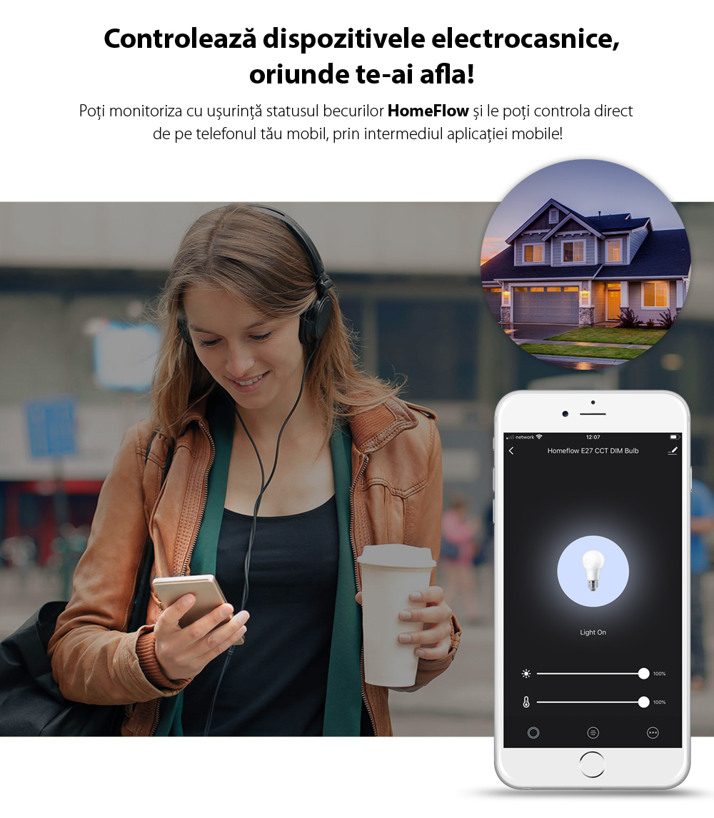 Lampadina Intelligente LED Wireless Homeflow B-5011, E27, 9W (60W), 806lm, RGB, Dimmerabile, Controllo tramite Smartphone