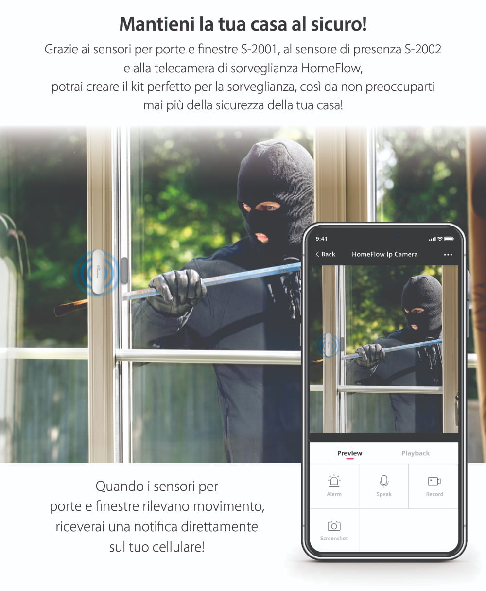 Sensore di contatto per porte e finestre Wireless Homeflow S-2001, Compatibile con Google Assistant e Amazon Alexa