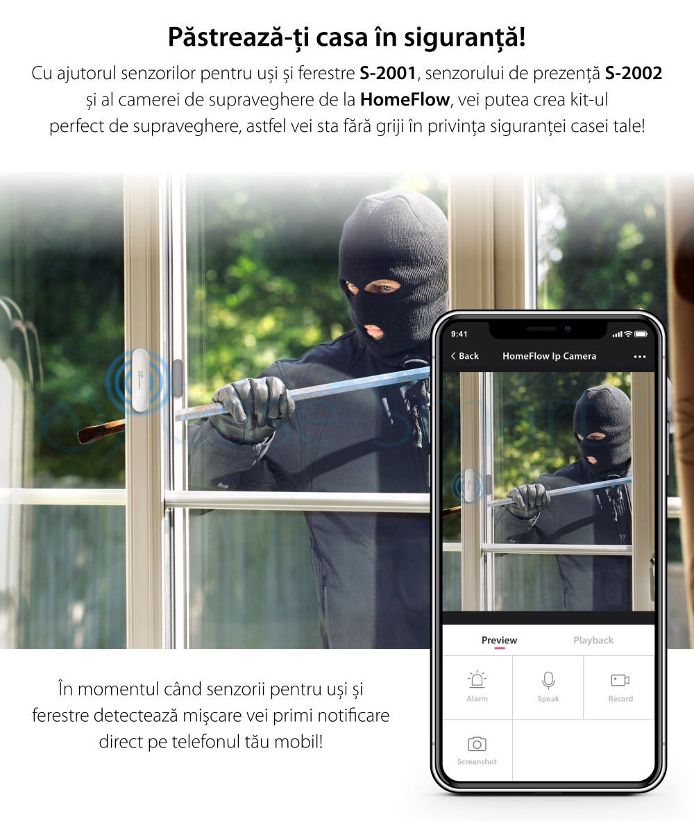 Sensore di contatto per porte e finestre Wireless Homeflow S-2001, Compatibile con Google Assistant e Amazon Alexa