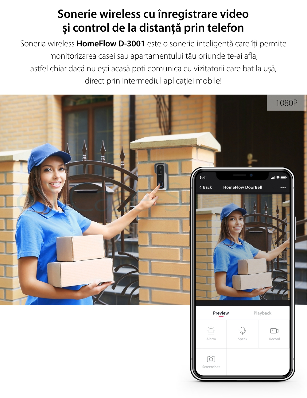 Campanello intelligente wireless con monitoraggio video Homeflow D-3001, Comunicazione bidirezionale, Rilevamento del movimento, Notifiche, Modulo campanello interno incluso