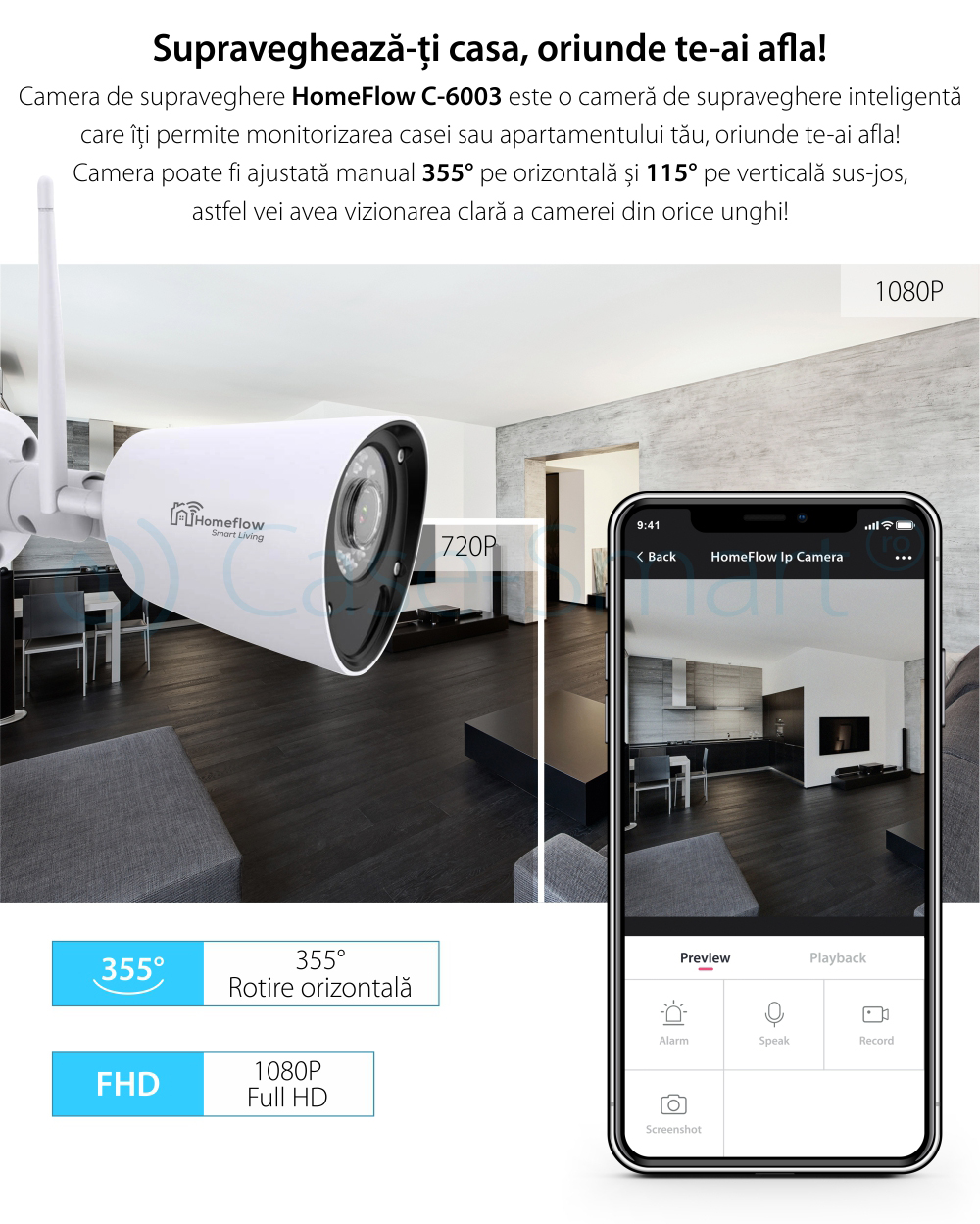 Telecamera di sorveglianza wireless Homeflow C-6003, per esterni, rilevamento del movimento, visione notturna, controllo tramite smartphone