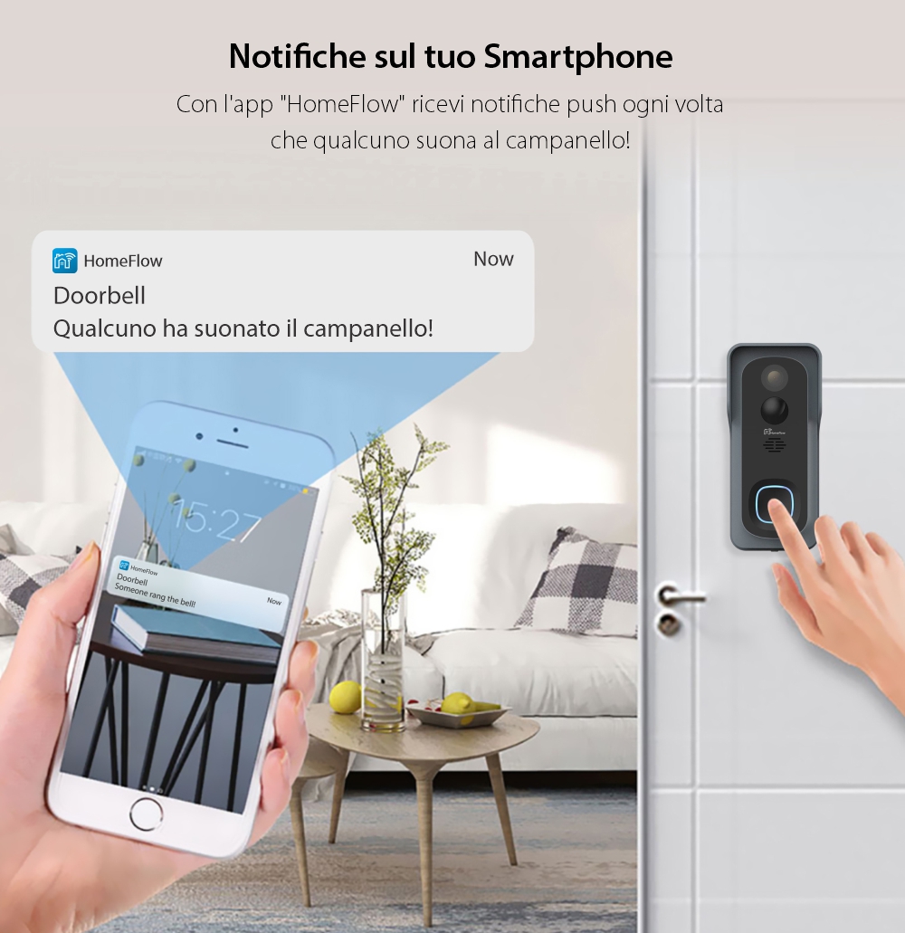 Campanello intelligente wireless con monitoraggio video Homeflow D-3001, Comunicazione bidirezionale, Rilevamento del movimento, Notifiche, Modulo campanello interno incluso