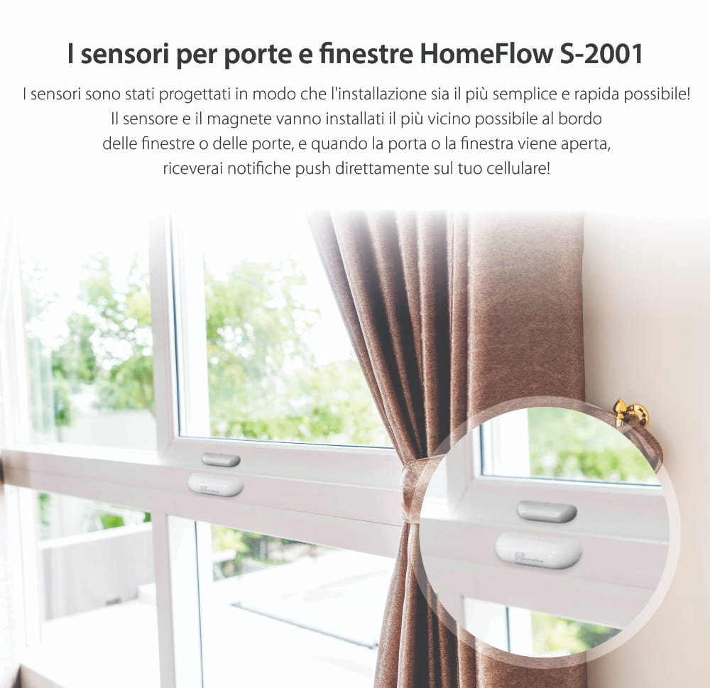 Sensore di contatto per porte e finestre Wireless Homeflow S-2001, Compatibile con Google Assistant e Amazon Alexa