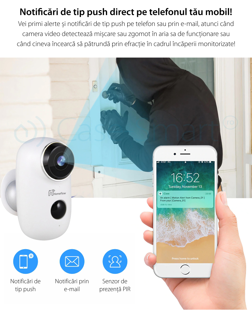 Telecamera di sorveglianza intelligente Wireless Homeflow C-6002, Comunicazione bidirezionale, Rilevamento movimento