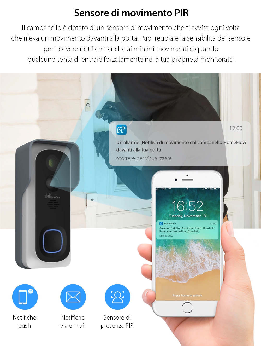 Campanello intelligente wireless con monitoraggio video Homeflow D-3001, Comunicazione bidirezionale, Rilevamento del movimento, Notifiche, Modulo campanello interno incluso