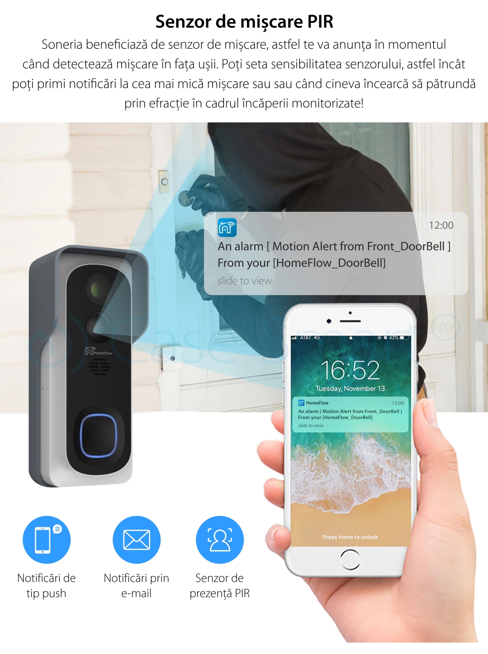Campanello intelligente wireless con monitoraggio video Homeflow D-3001, Comunicazione bidirezionale, Rilevamento del movimento, Notifiche, Modulo campanello interno incluso