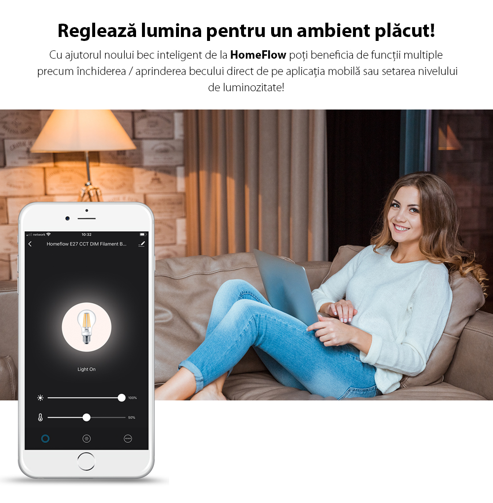 Lampadina LED Intelligente Wireless Homeflow B-5007, E14, 4.5W (equivalente a 25W), 400lm, dimmerabile, a filamento, luce calda, Controllo tramite smartphone