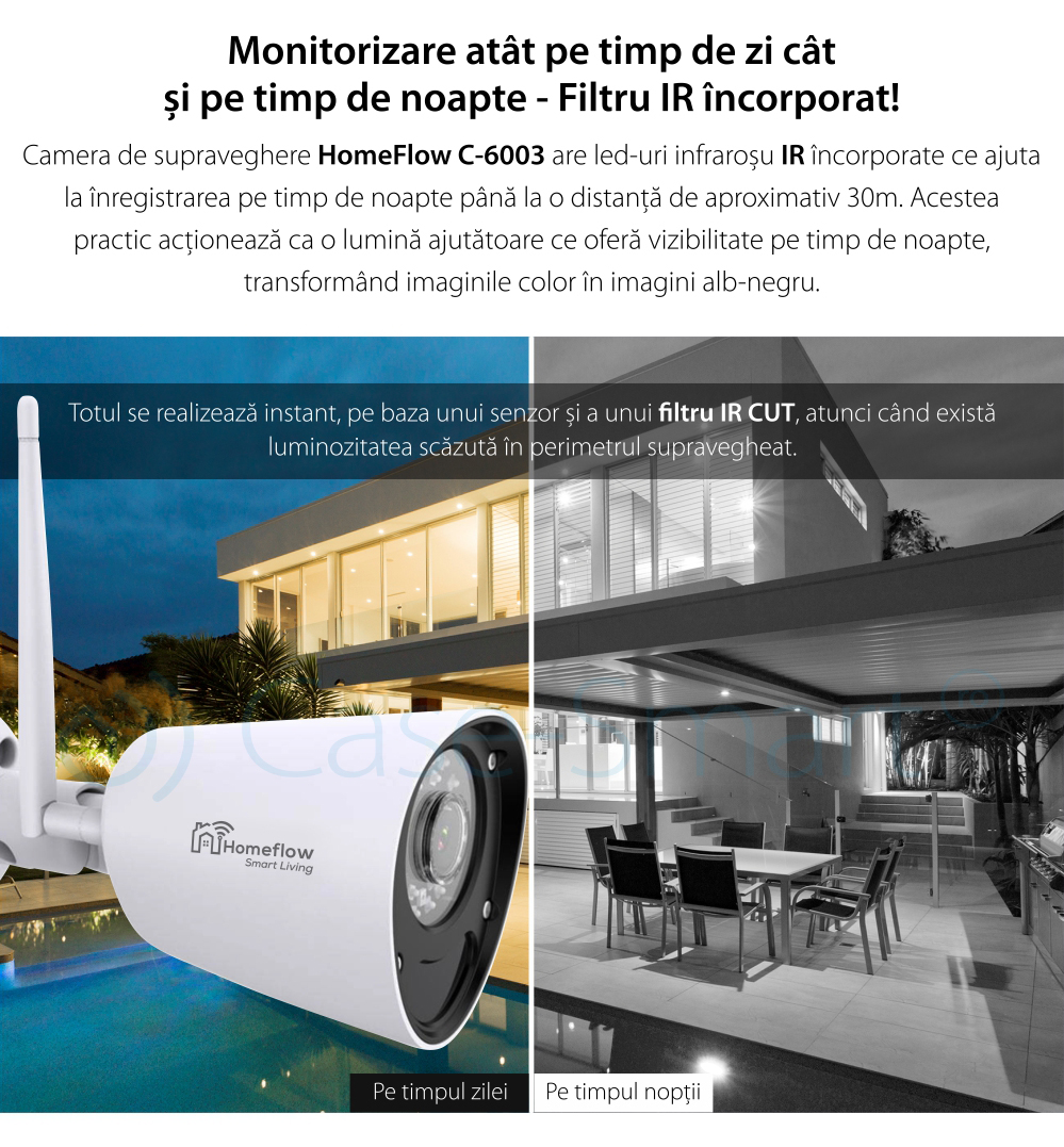 Telecamera di sorveglianza wireless Homeflow C-6003, per esterni, rilevamento del movimento, visione notturna, controllo tramite smartphone
