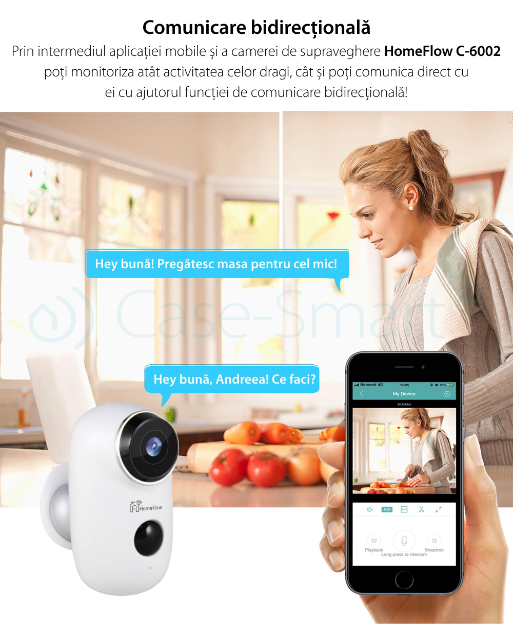 Telecamera di sorveglianza intelligente Wireless Homeflow C-6002, Comunicazione bidirezionale, Rilevamento movimento