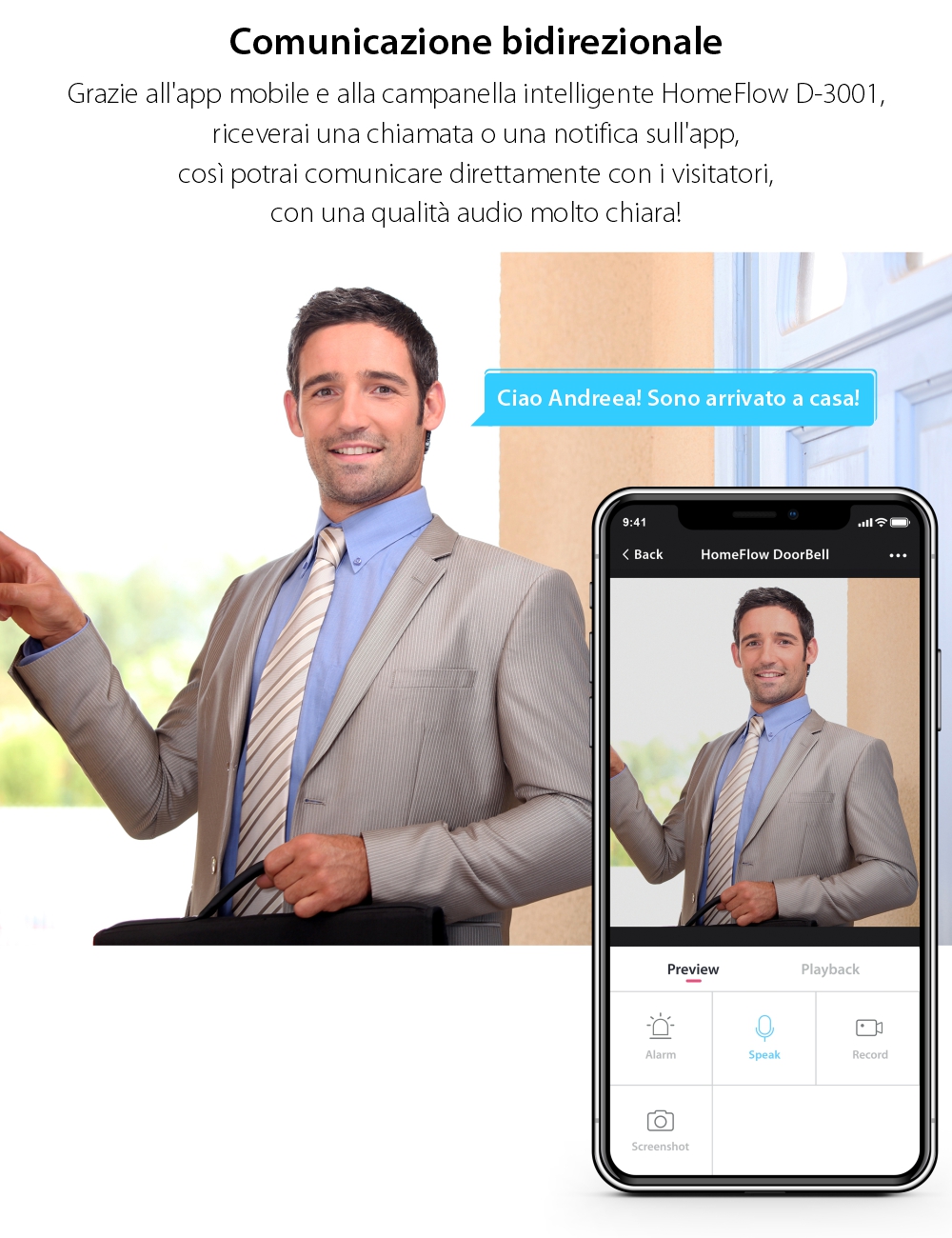 Campanello intelligente wireless con monitoraggio video Homeflow D-3001, Comunicazione bidirezionale, Rilevamento del movimento, Notifiche, Modulo campanello interno incluso