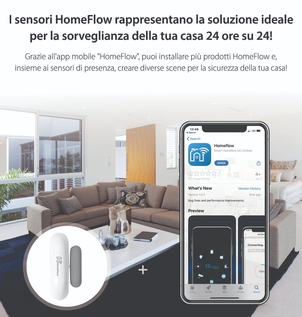 Sensore di contatto per porte e finestre Wireless Homeflow S-2001, Compatibile con Google Assistant e Amazon Alexa