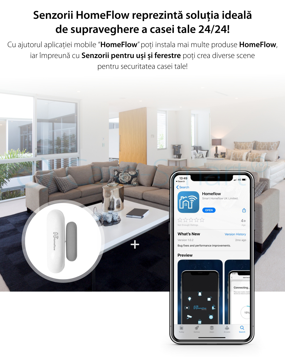 Sensore di contatto per porte e finestre Wireless Homeflow S-2001, Compatibile con Google Assistant e Amazon Alexa