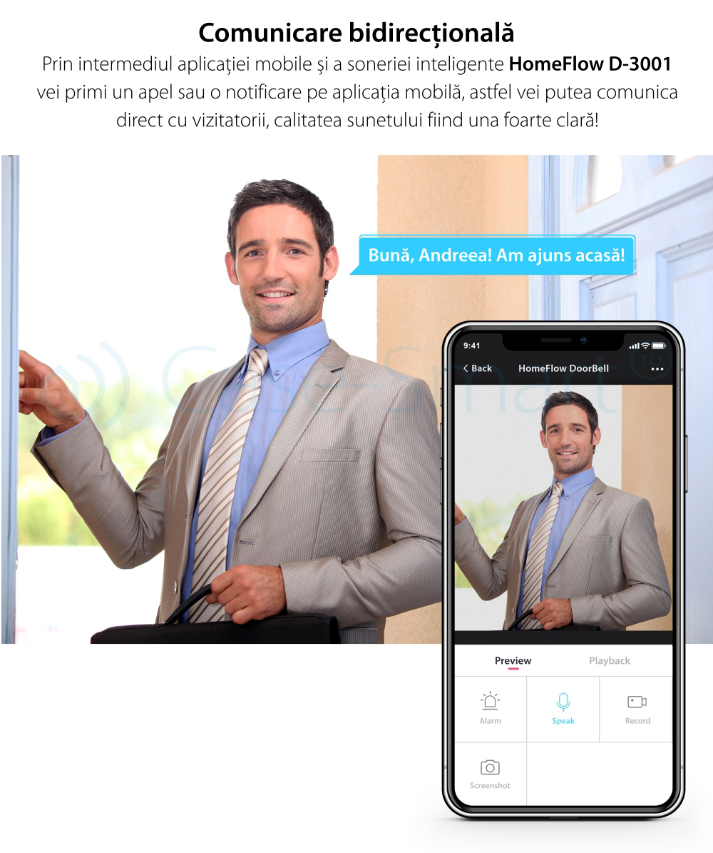 Campanello intelligente wireless con monitoraggio video Homeflow D-3001, Comunicazione bidirezionale, Rilevamento del movimento, Notifiche, Modulo campanello interno incluso