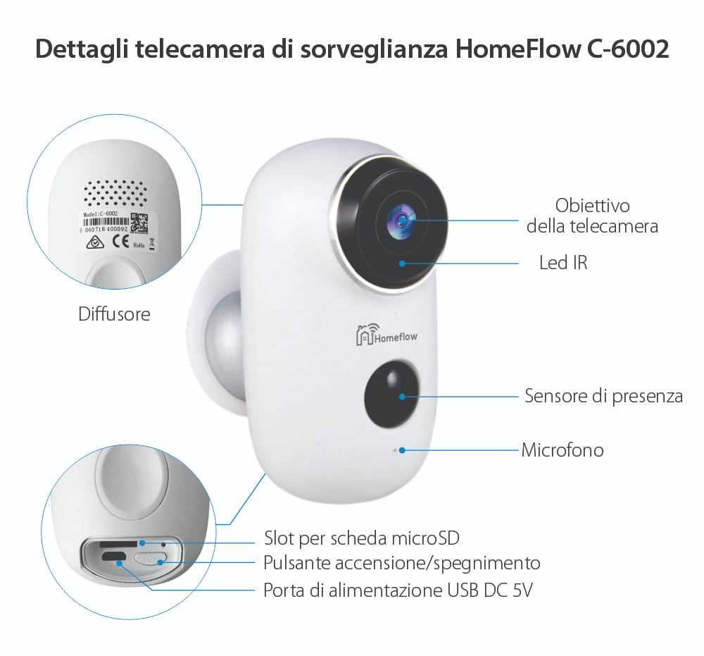 Telecamera di sorveglianza intelligente Wireless Homeflow C-6002, Comunicazione bidirezionale, Rilevamento movimento