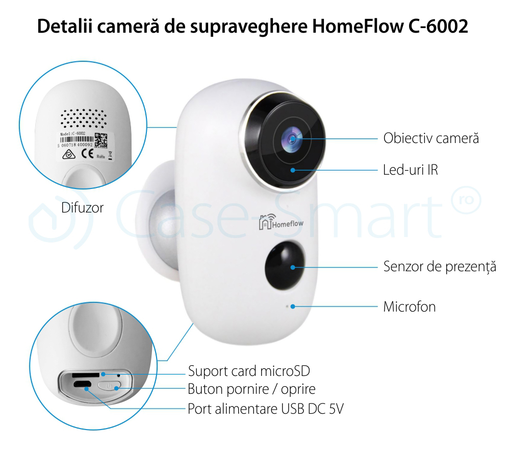 Telecamera di sorveglianza intelligente Wireless Homeflow C-6002, Comunicazione bidirezionale, Rilevamento movimento