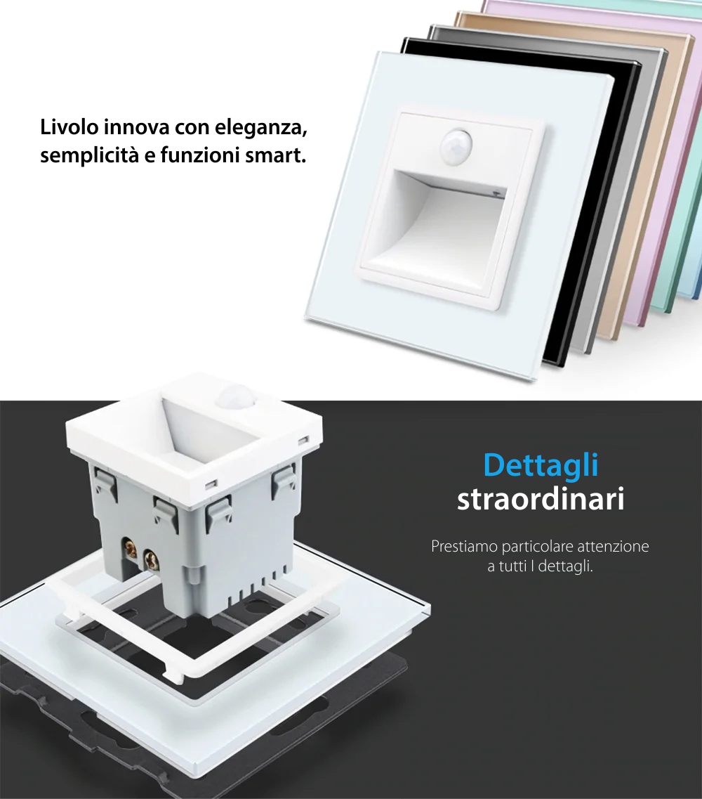 Modulo Lampada da notte LED Livolo con cornice in vetro, sensore di movimento incorporato