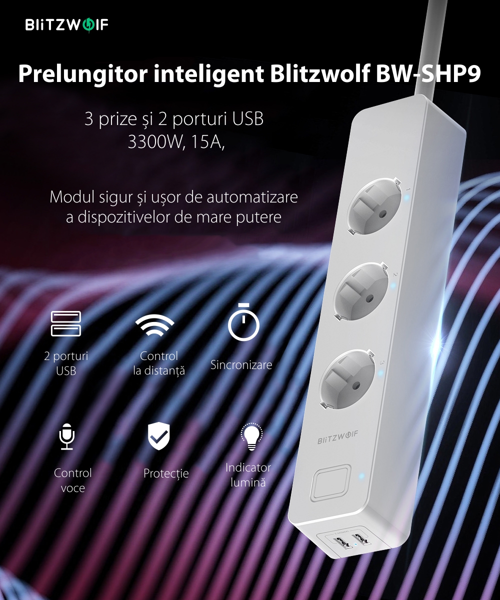 Multipresa intelligente Blitzwolf BW-SHP9, 3 prese e 2 porte USB, 3300W, 15A, Controllo tramite smartphone