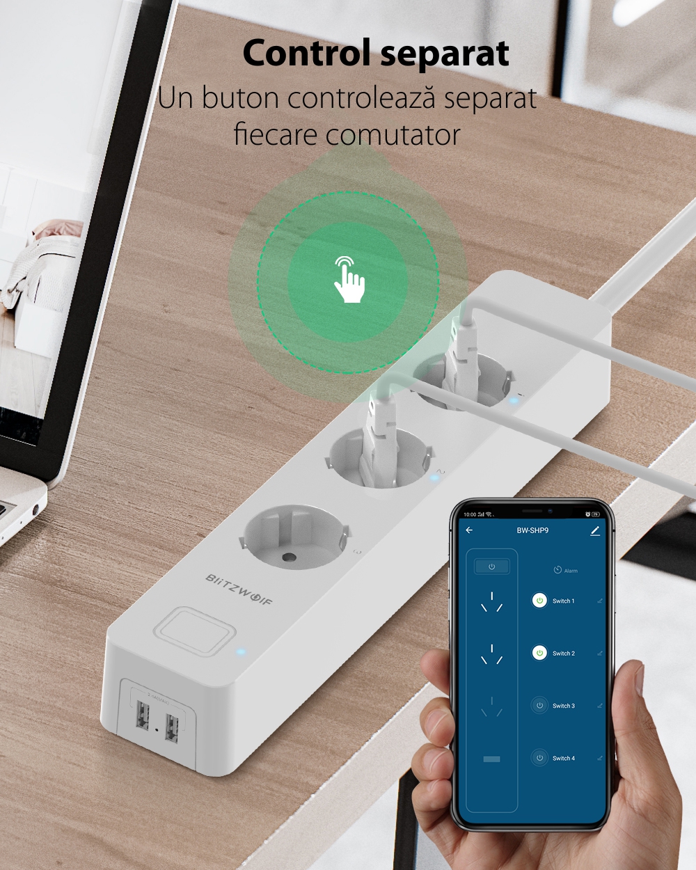 Multipresa intelligente Blitzwolf BW-SHP9, 3 prese e 2 porte USB, 3300W, 15A, Controllo tramite smartphone