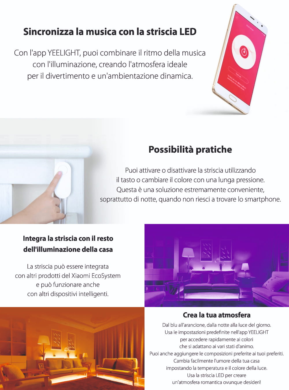 Striscia LED Intelligente Yeelight Lightstrip Plus YLDD05YL, Smart, Lunghezza 2 m, Potenza 7,5 W, Compatibile con Google Assistant