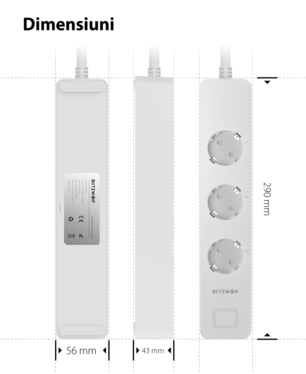 Multipresa intelligente Blitzwolf BW-SHP9, 3 prese e 2 porte USB, 3300W, 15A, Controllo tramite smartphone