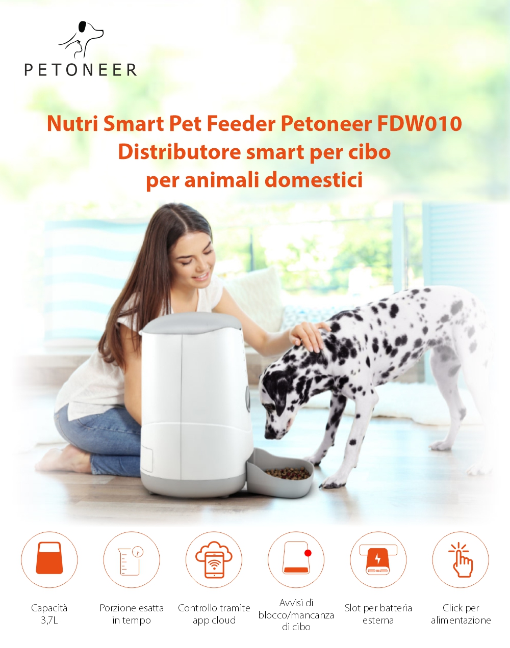 Dispenser intelligente per cibo per animali Petoneer Nutri, Controllo tramite app, Slot per batteria esterna