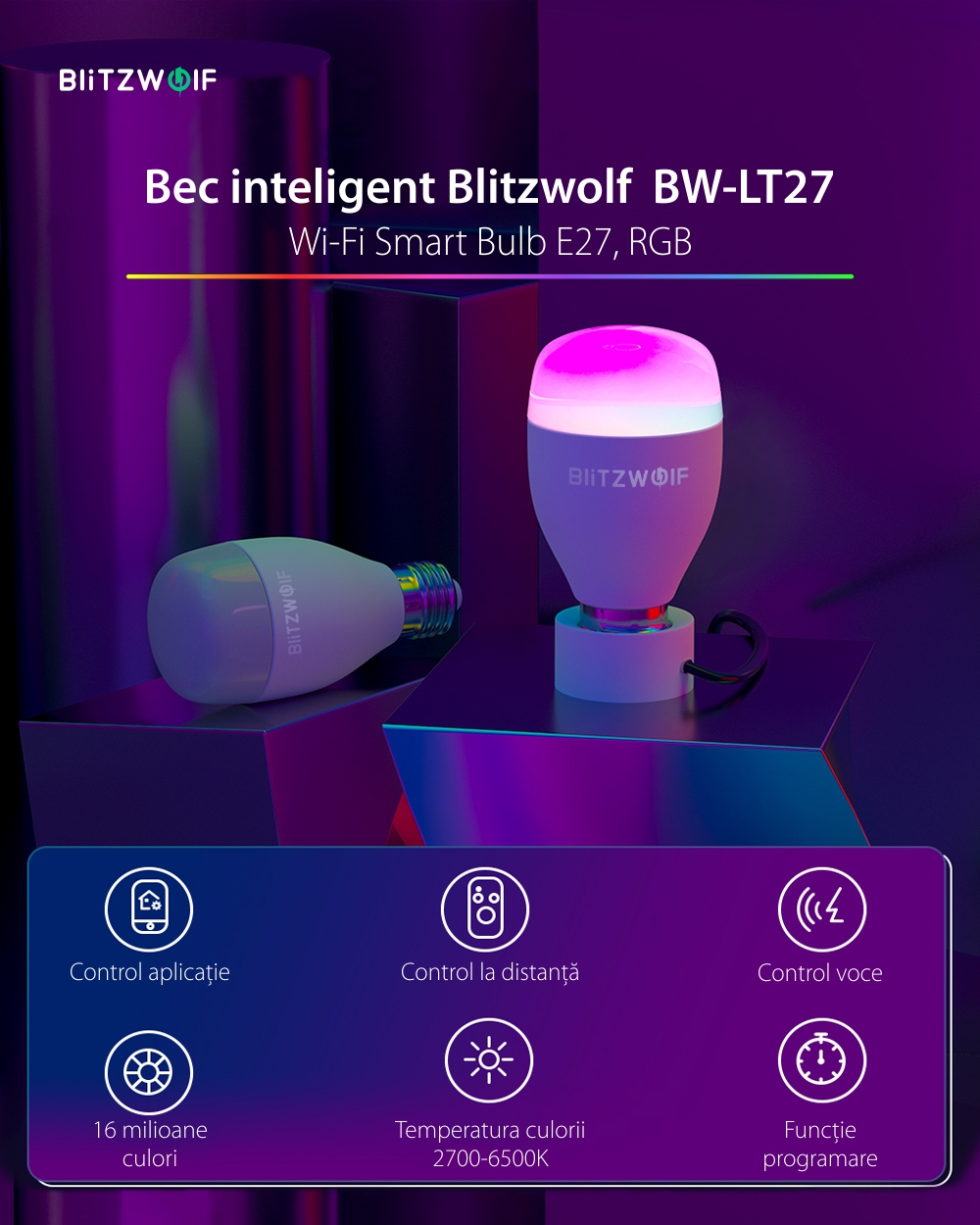 Lampadina intelligente Blitzwolf BW-LT27, Wi-Fi, Smart, E27, 9W, Controllo vocale, 850 LM, RGB