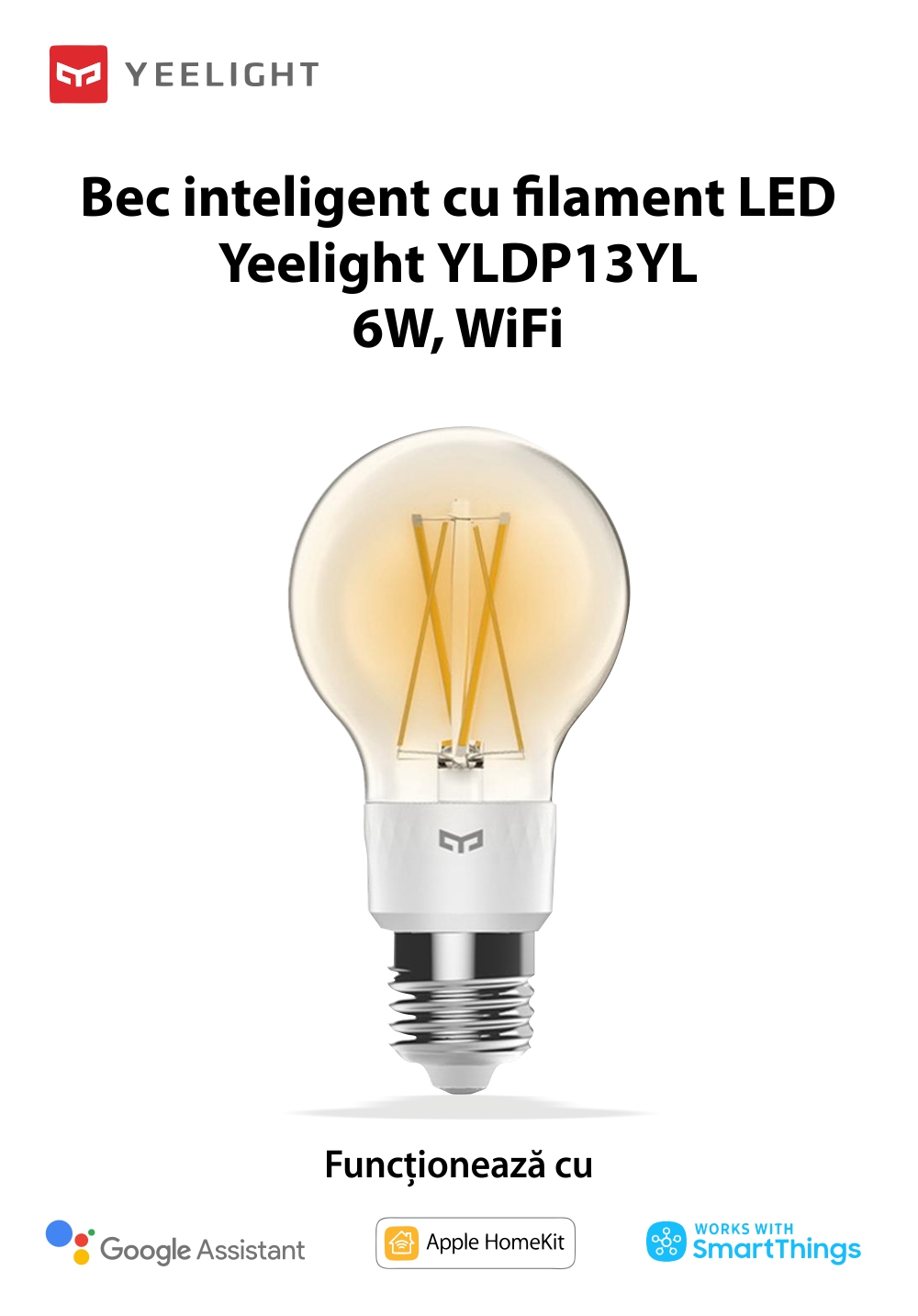 Lampadina intelligente con filamento LED, Yeelight YLDP12YL, Controllo smart, 6W, Wi-Fi, 2.4 GHz