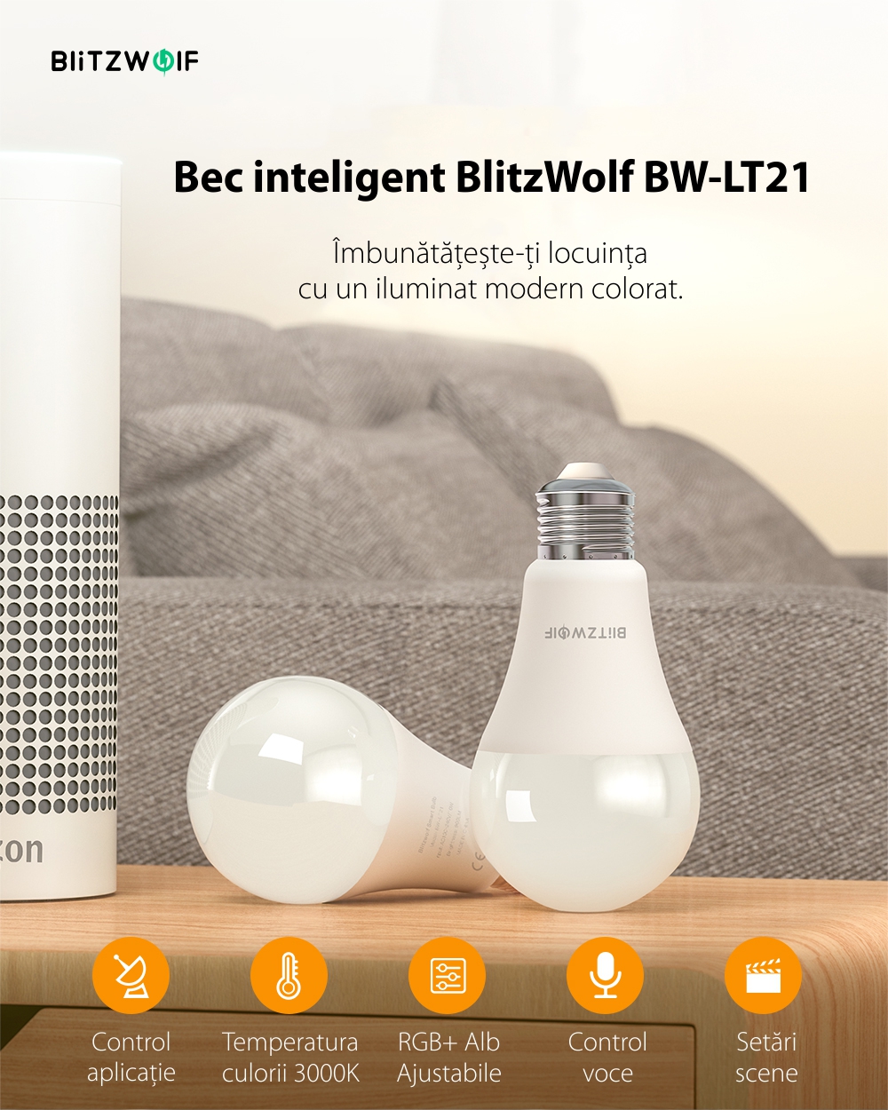 Lampadina Smart LED RGB, BlitzWolf BW-LT21, 10 W, Bulb, 900 LM, 3000K, E27, Controllo vocale