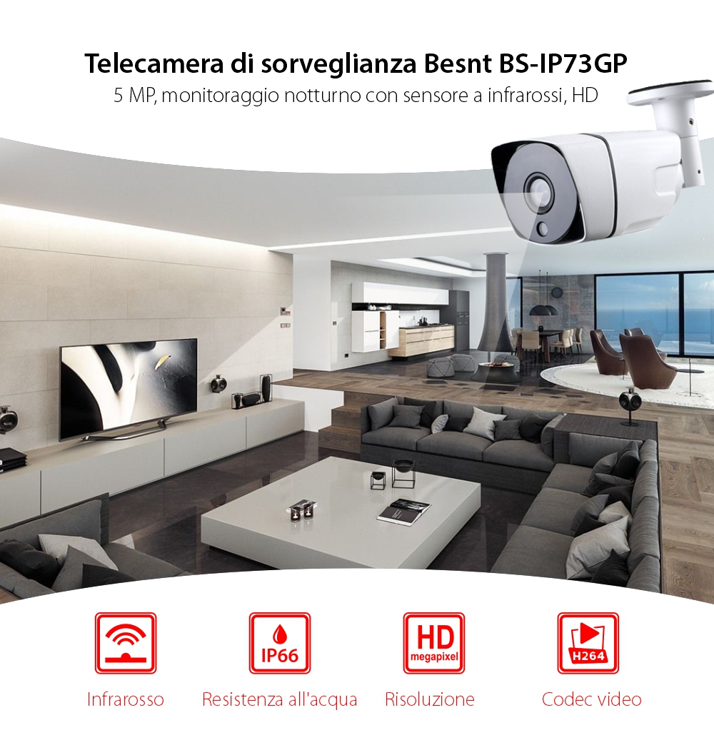 Telecamera di sorveglianza Besnt BS-IP73GP, HD, Visione notturna, Resistente all’acqua, Monitoraggio 24h