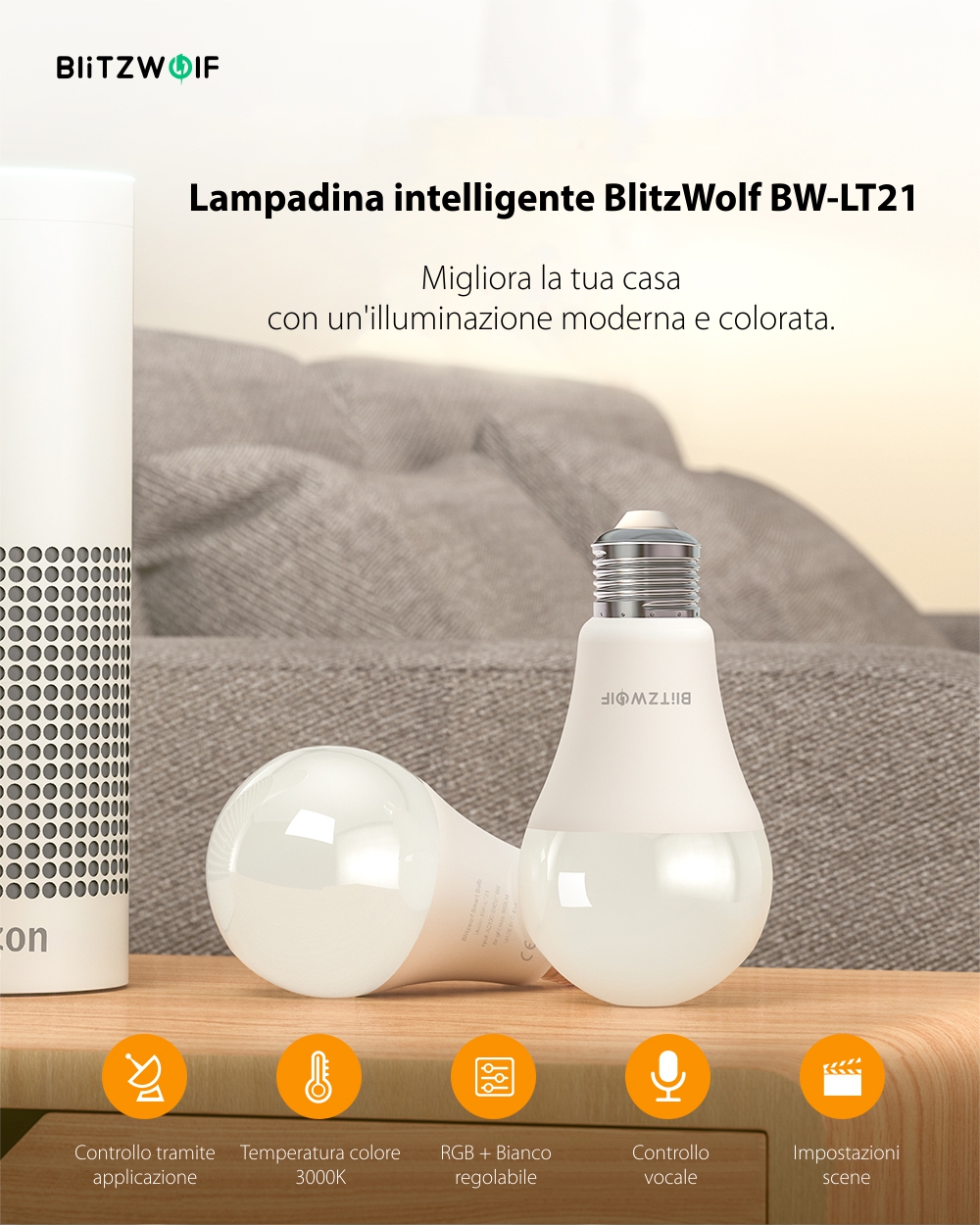 Lampadina Smart LED RGB, BlitzWolf BW-LT21, 10 W, Bulb, 900 LM, 3000K, E27, Controllo vocale