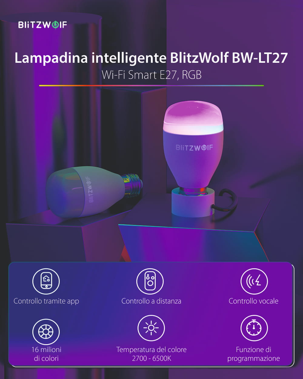 Lampadina intelligente Blitzwolf BW-LT27, Wi-Fi, Smart, E27, 9W, Controllo vocale, 850 LM, RGB