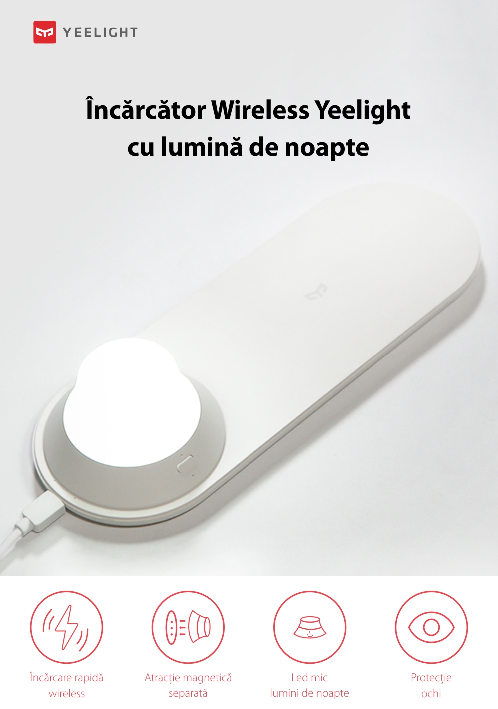 Caricabatterie Wireless Yeelight YLYD08YI, Bianco, Luce Notturna, Ricarica Rapida, 10W, Lampada LED