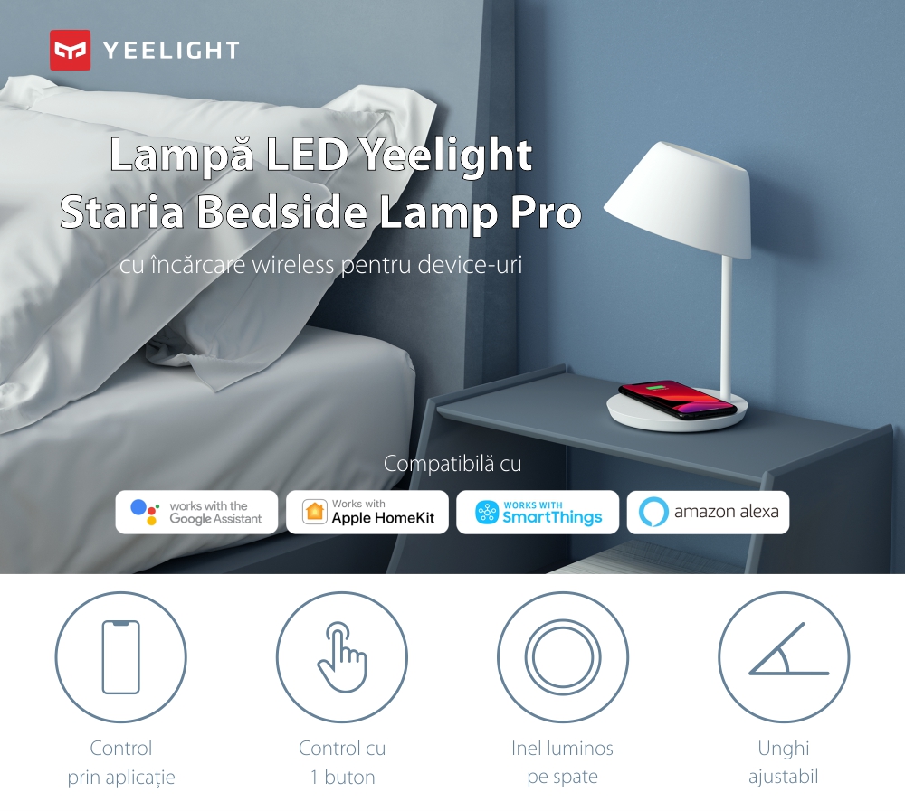 Lampada LED Yeelight Staria Bedside Lamp Pro, YLCT03YL, Per la ricarica wireless, 18W, Controllo vocale